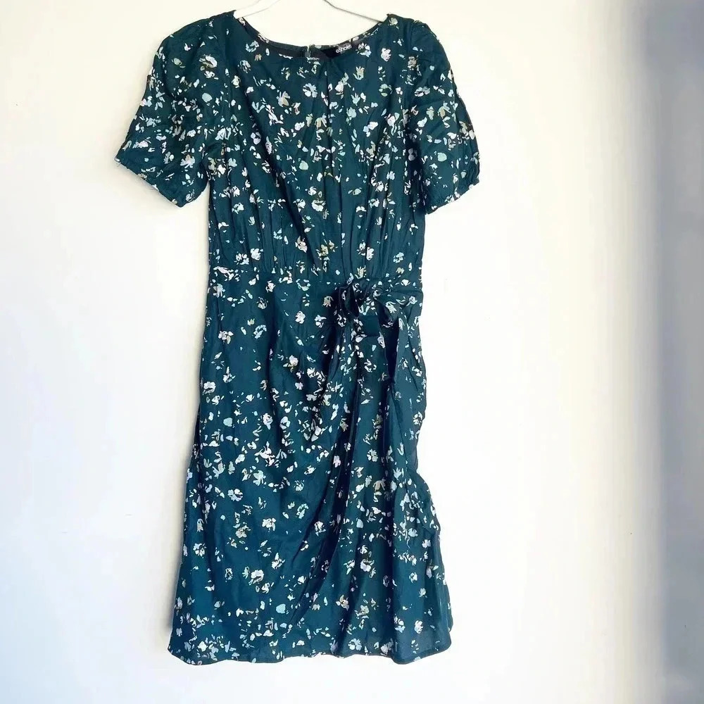 eShakti Size 2 Green Floral Short Sleeve Faux Wrap Dress